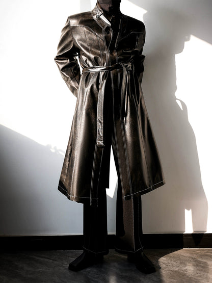 Washed Textured Padded Leather Trench Coat WN11820