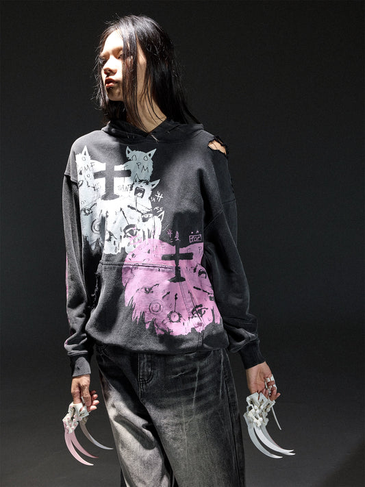 Graffiti Design Damage Pullover Hoodie WN13746