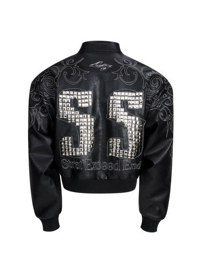 Back Metal Letter Embroidery PU Leather Zipper Jacket WN20936