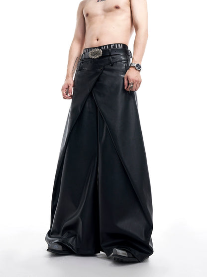 Asymmetrical Double-Pleats Wide-Leg PU Leather Pants WN10163