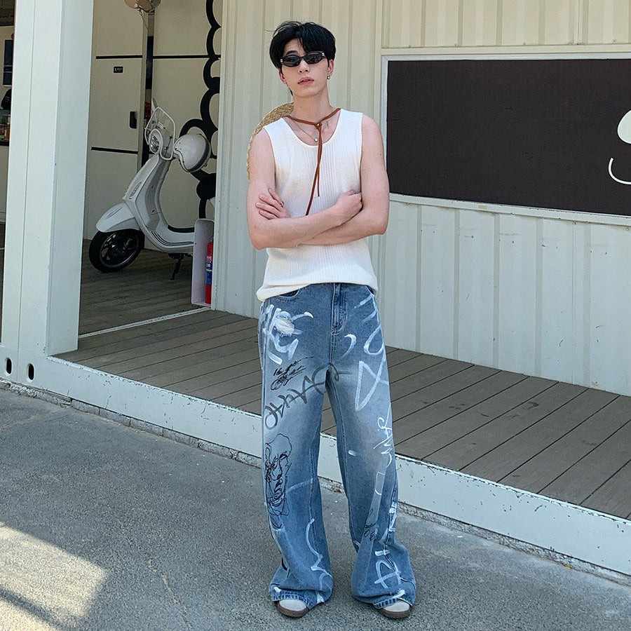 Graffiti Print Wide Leg Denim Jeans WN25028