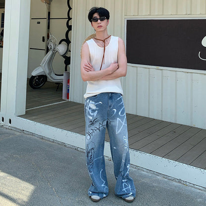 Graffiti Print Wide Leg Denim Jeans WN25028