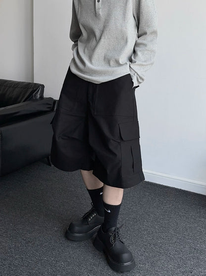 Washed Multi-Pocket Wide Leg Cargo Half Pants WN19356