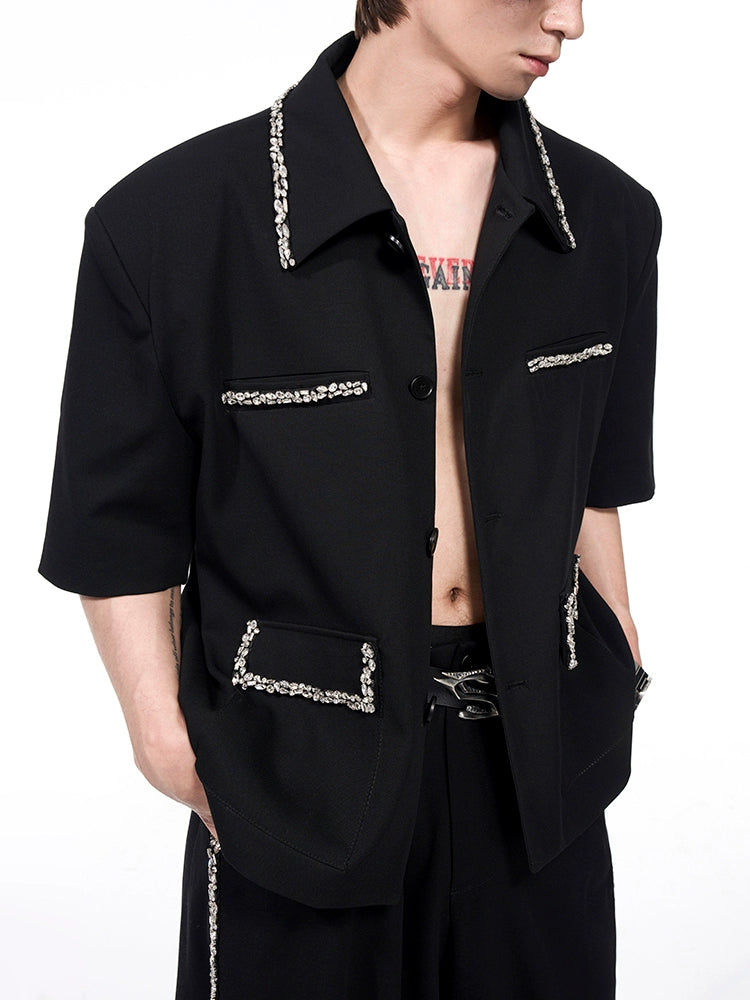 Rhinestone Short Sleeve Shirt Jacket & Rhinestone Slit Flare Trousers Setup WN16581