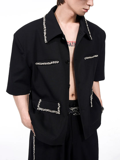 Rhinestone Short Sleeve Shirt Jacket & Rhinestone Slit Flare Trousers Setup WN16581