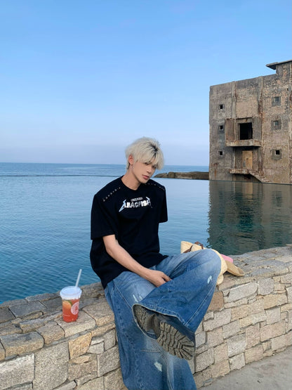 Print Logo Metal Detail Oversize Short Sleeve T-Shirt WN19864