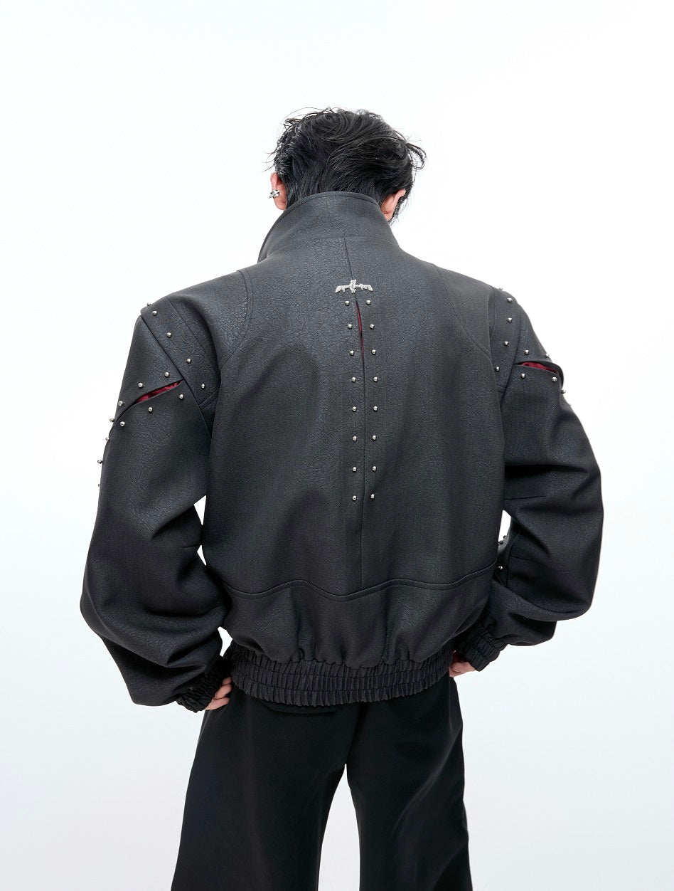 Studs Textured Standing-Collar Jacket WN20541