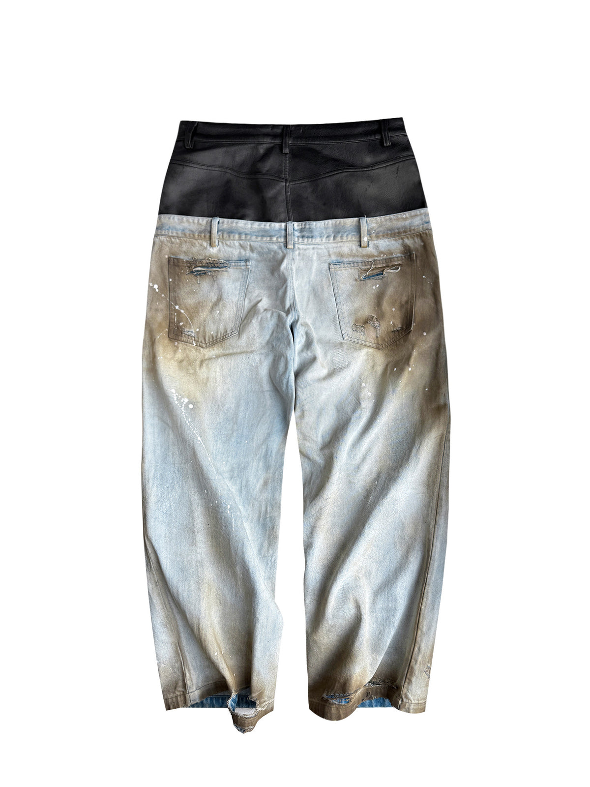Double-Waist PU Panel Wax Damage Denim Jeans WN27057