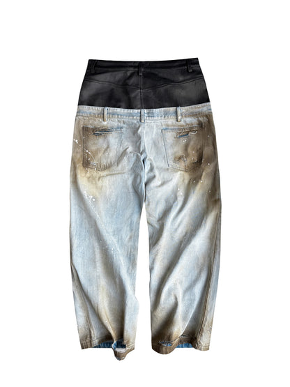 Double-Waist PU Panel Wax Damage Denim Jeans WN27057