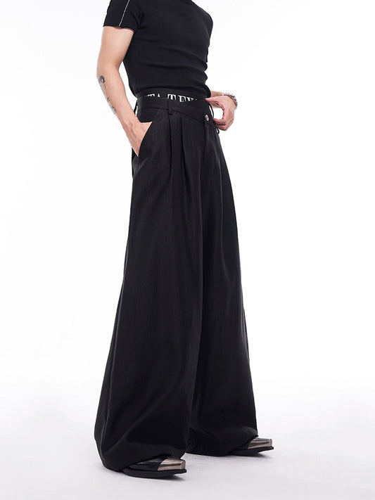 Asymmetric Double-Waistband Glossy Wide Leg Straight Trousers WN11692