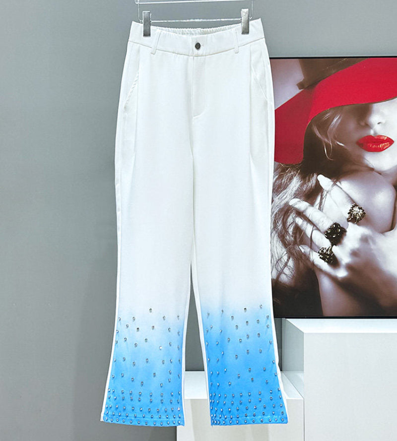 Rhinestone Chain Short Tailored Jacket & Spray Print Micro Flare Trousers Setup WN23937