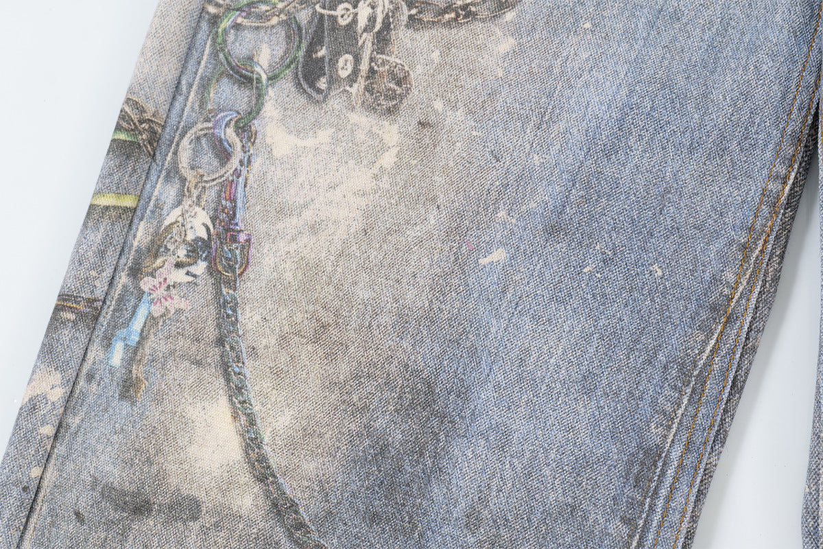 Washed Print Straight Denim Jeans WN12660