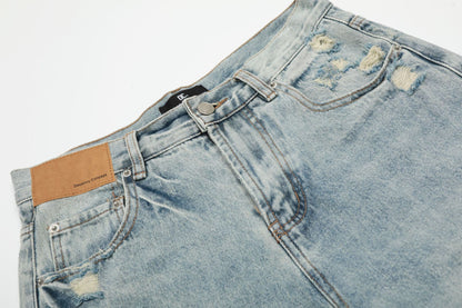 Wash Damage Wide Leg Curved Denim Jeans WN25878