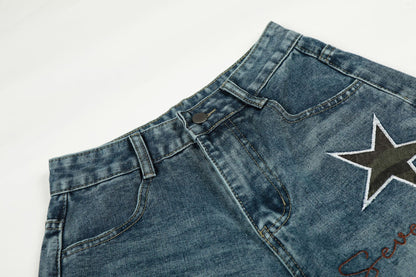 Washed Star Applique Wide Leg Denim Jeans WN25451