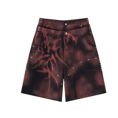 Washed Graffiti Dirty-Dye Denim Half Pants WN25741