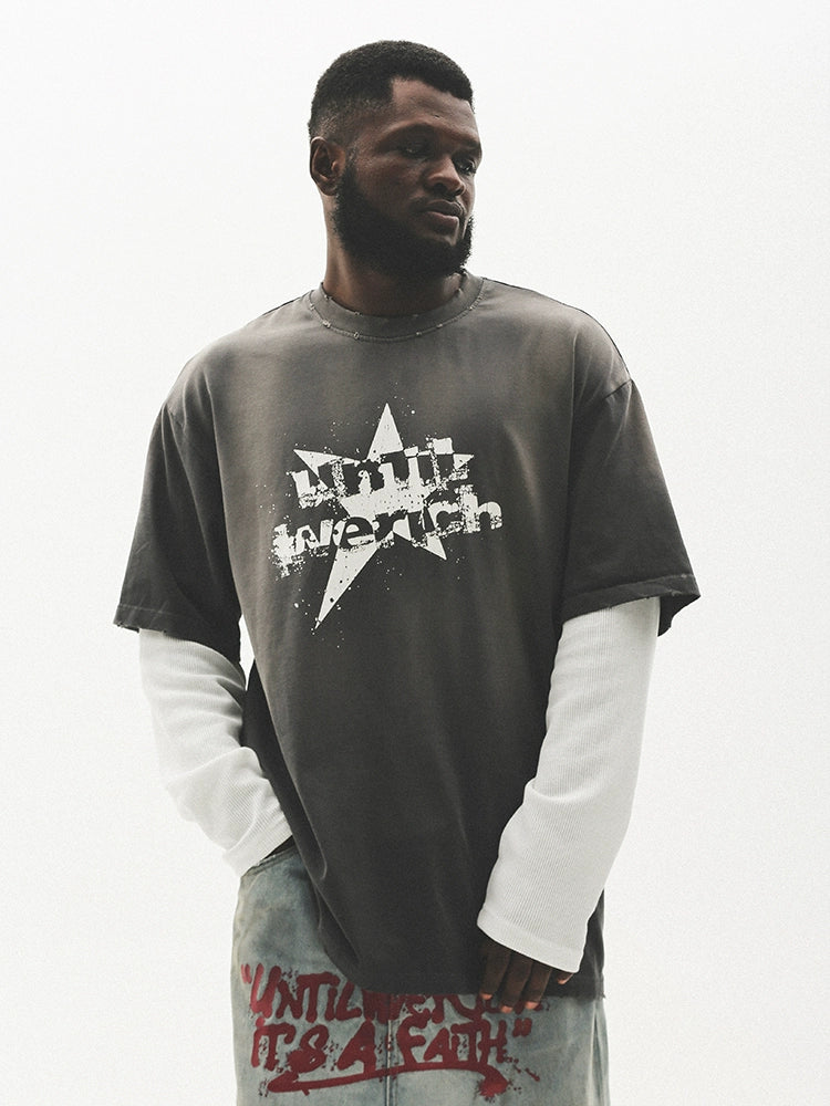 Fake Layered Damage Print Oversize Long Sleeve T-Shirt WN17789