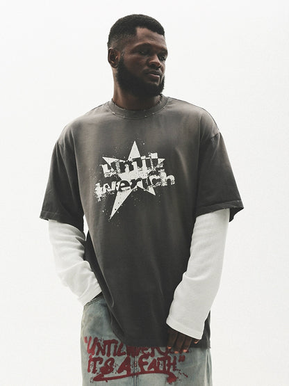 Fake Layered Damage Print Oversize Long Sleeve T-Shirt WN17789