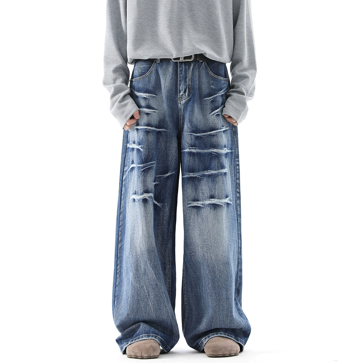 Washed Lightning Pattern Baggy Wide-Leg Denim Jeans WN10288