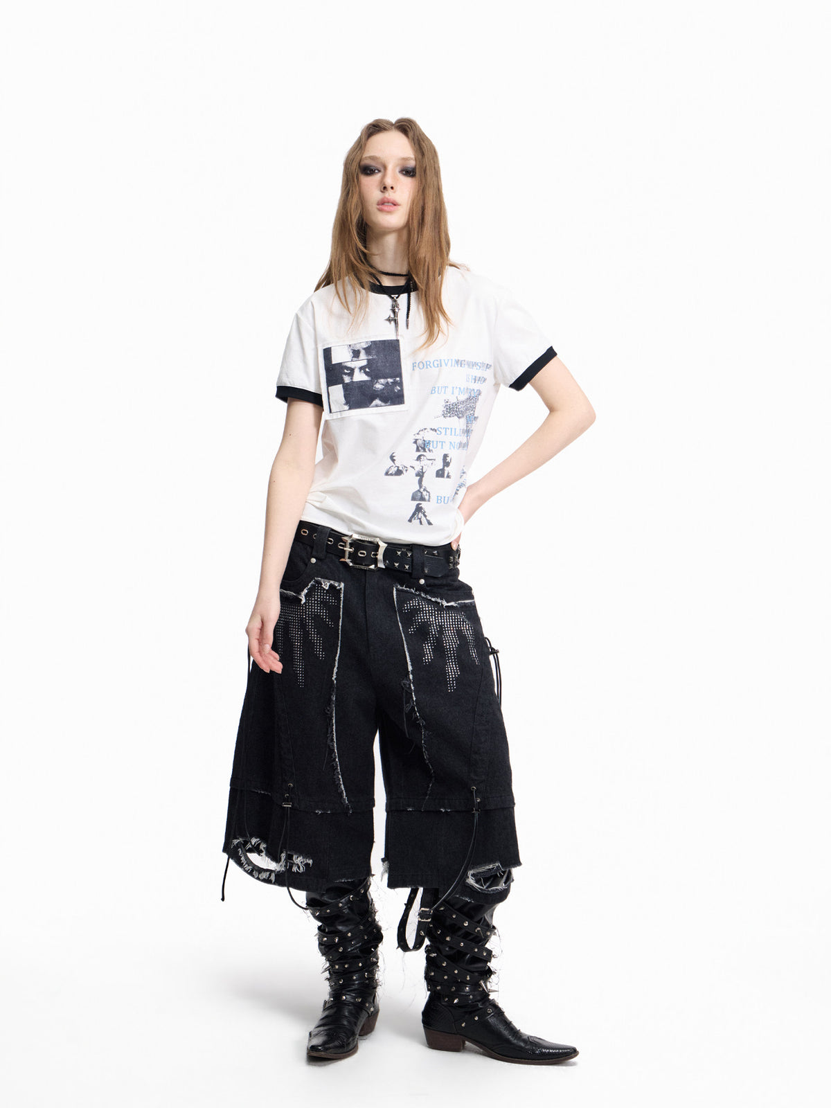 Cross Slogan Print Contrast Trim Short Sleeve T-Shirt WN27457
