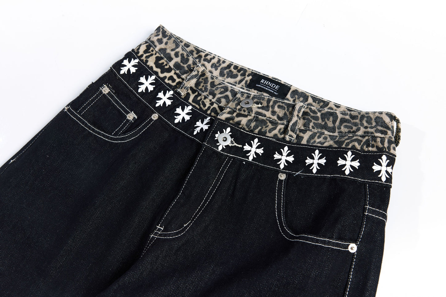 Color Block Embroidery Wide Leg Curved Denim Jeans WN25864