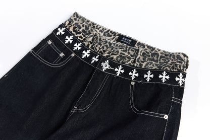 Color Block Embroidery Wide Leg Curved Denim Jeans WN25864