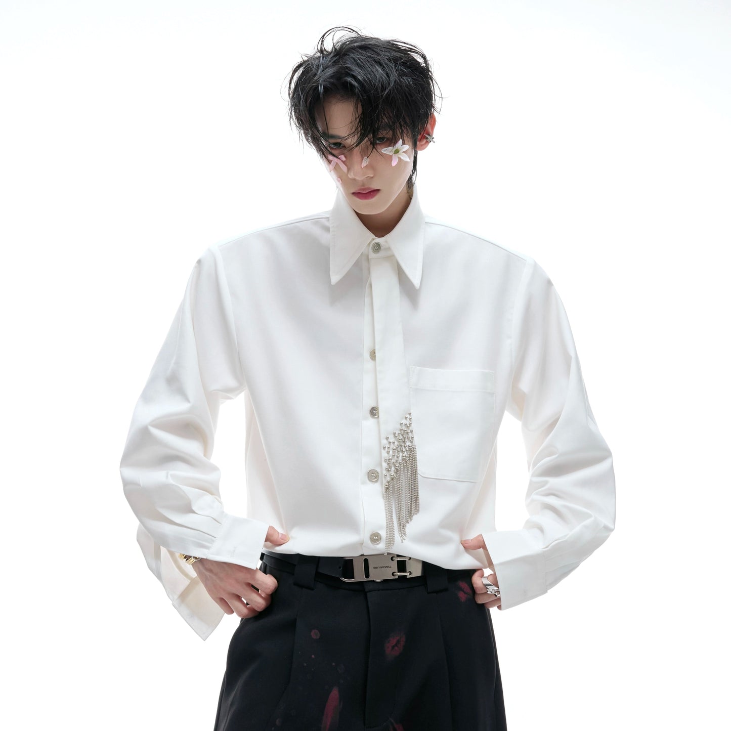 Plain Color Long Sleeve Shirt & Tie WN20536