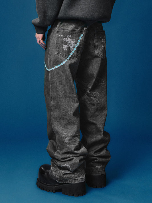 Chain Detail Damage Straight Leg Denim Jeans WN23212