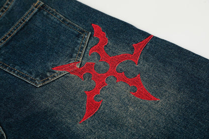 Washed Tribal Print Wide Leg Denim Jeans WN25507