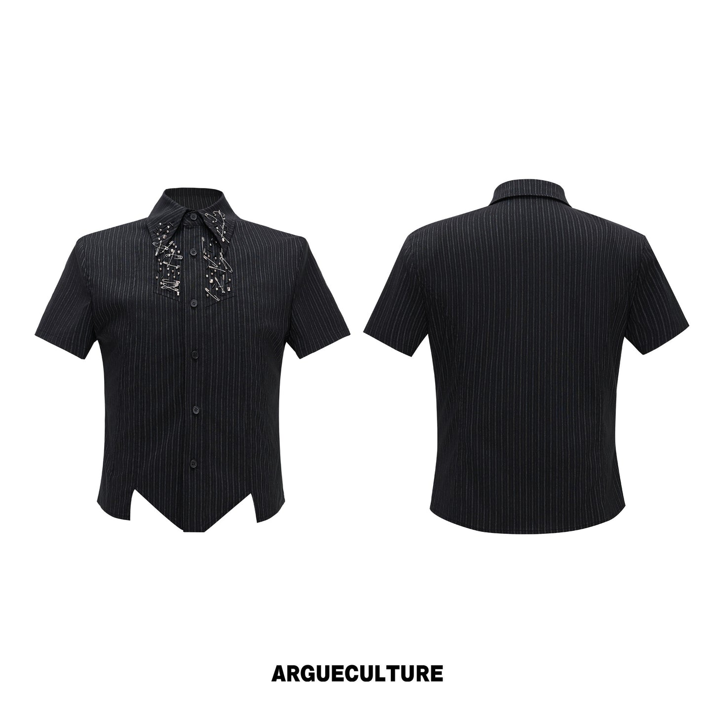 Standing-Collar Shoulder-pad Stripe Asymmetric Short Sleeve Shirt WN26998