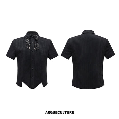 Standing-Collar Shoulder-pad Stripe Asymmetric Short Sleeve Shirt WN26998