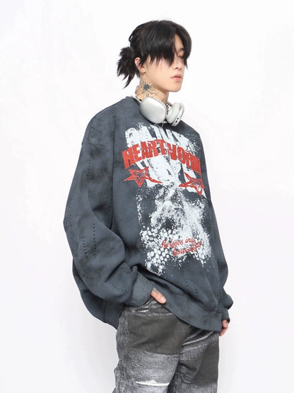 Graffiti Print Washed Round Neck Oversize Sweatshirt WN10896