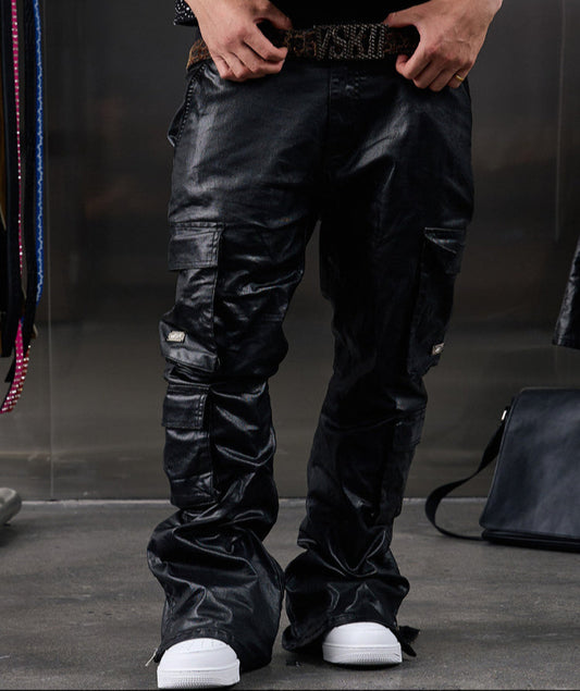 Waxed Heavy PU Leather Straight Cargo Pants WN20973