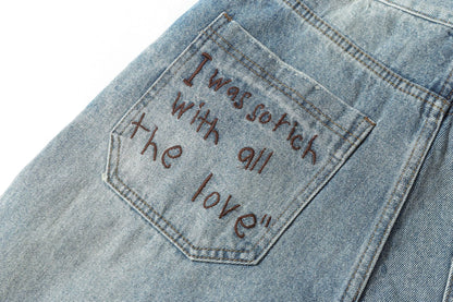 Washed Whisker Damage Wide Leg Denim Jeans WN26121