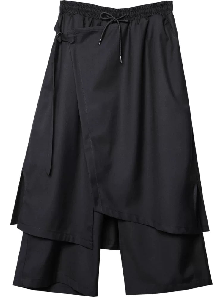 Irregular Fake Layered Ribbon Strap Cropped Wide Leg Pants WN22497