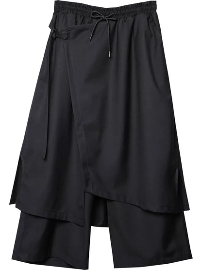 Irregular Fake Layered Ribbon Strap Cropped Wide Leg Pants WN22497