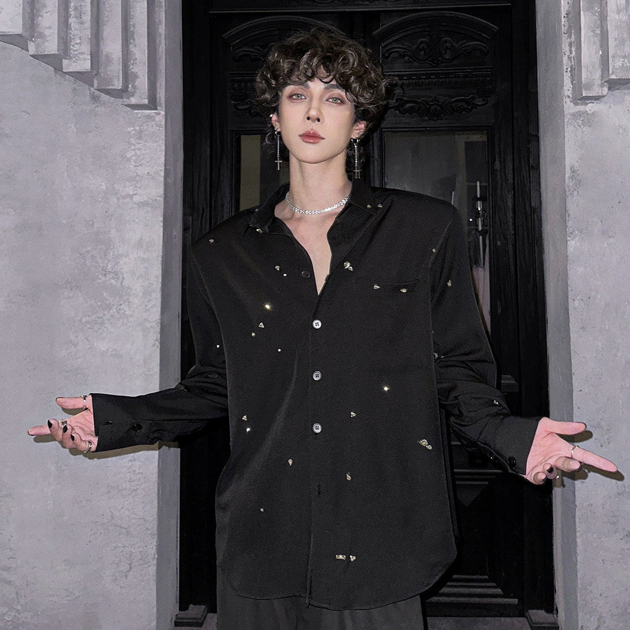 Oversize Rhinestone Long Sleeve Shirt WN25084