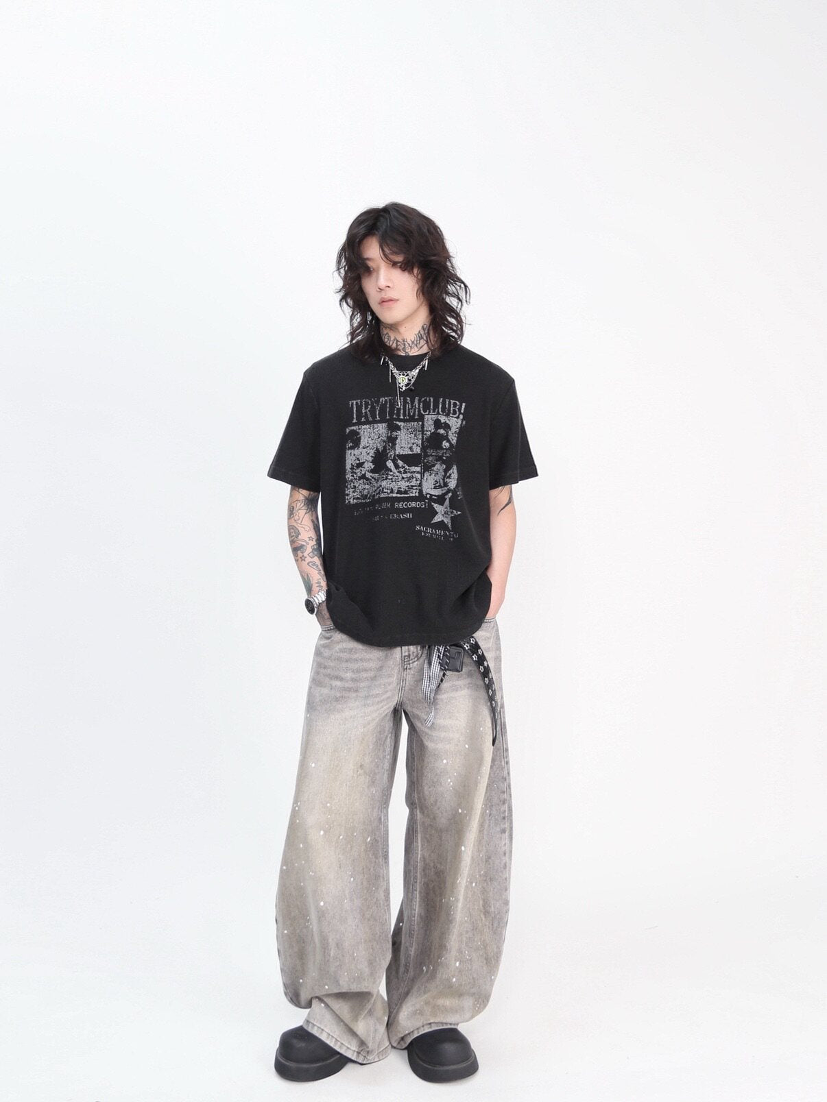 Oversize Waffle Vintage Rock Graphic Print Short SleeveT-Shirt WN24447