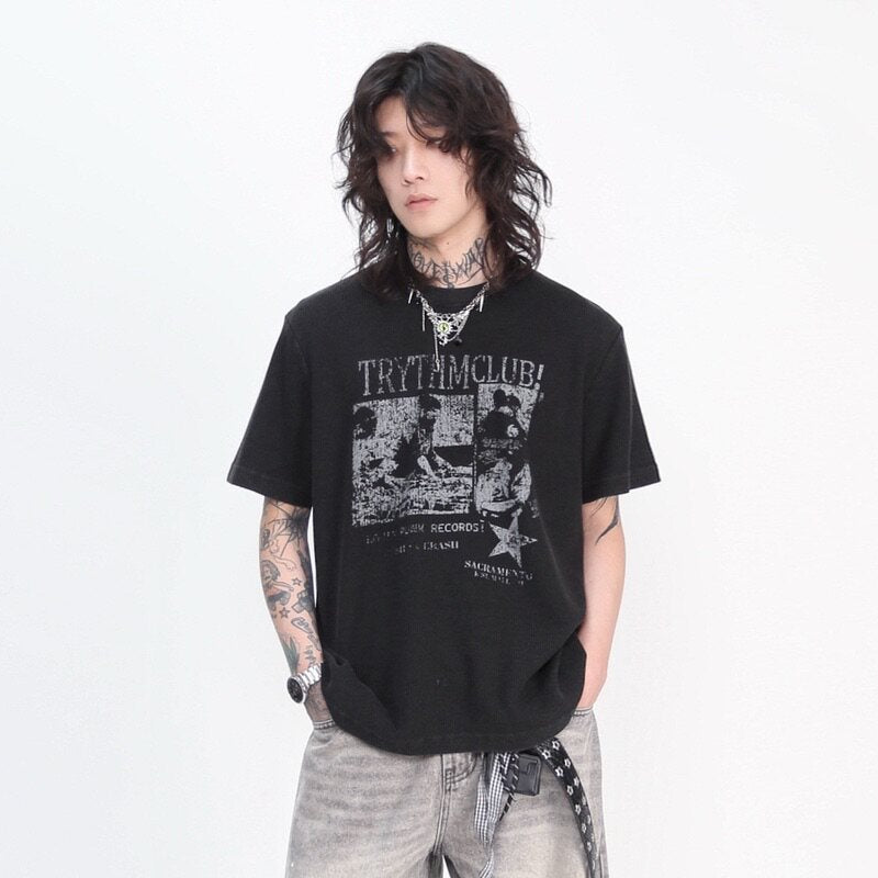 Oversize Waffle Vintage Rock Graphic Print Short SleeveT-Shirt WN24447
