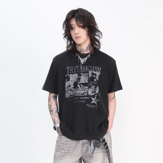 Oversize Waffle Vintage Rock Graphic Print Short SleeveT-Shirt WN24447