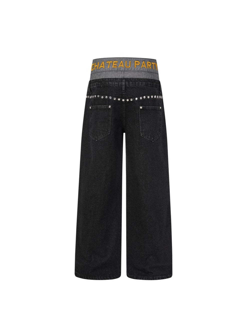 Double Waist Studs Detail Wide Leg Denim Jeans WN28026
