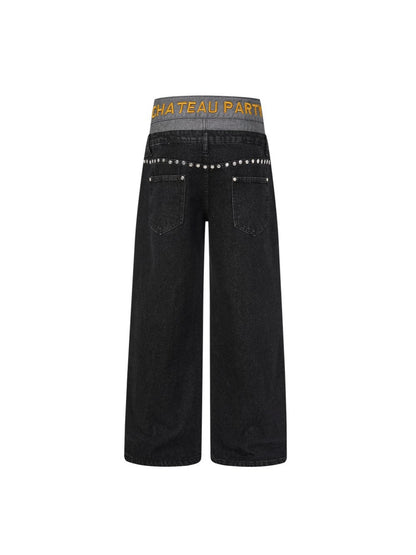 Double Waist Studs Detail Wide Leg Denim Jeans WN28026