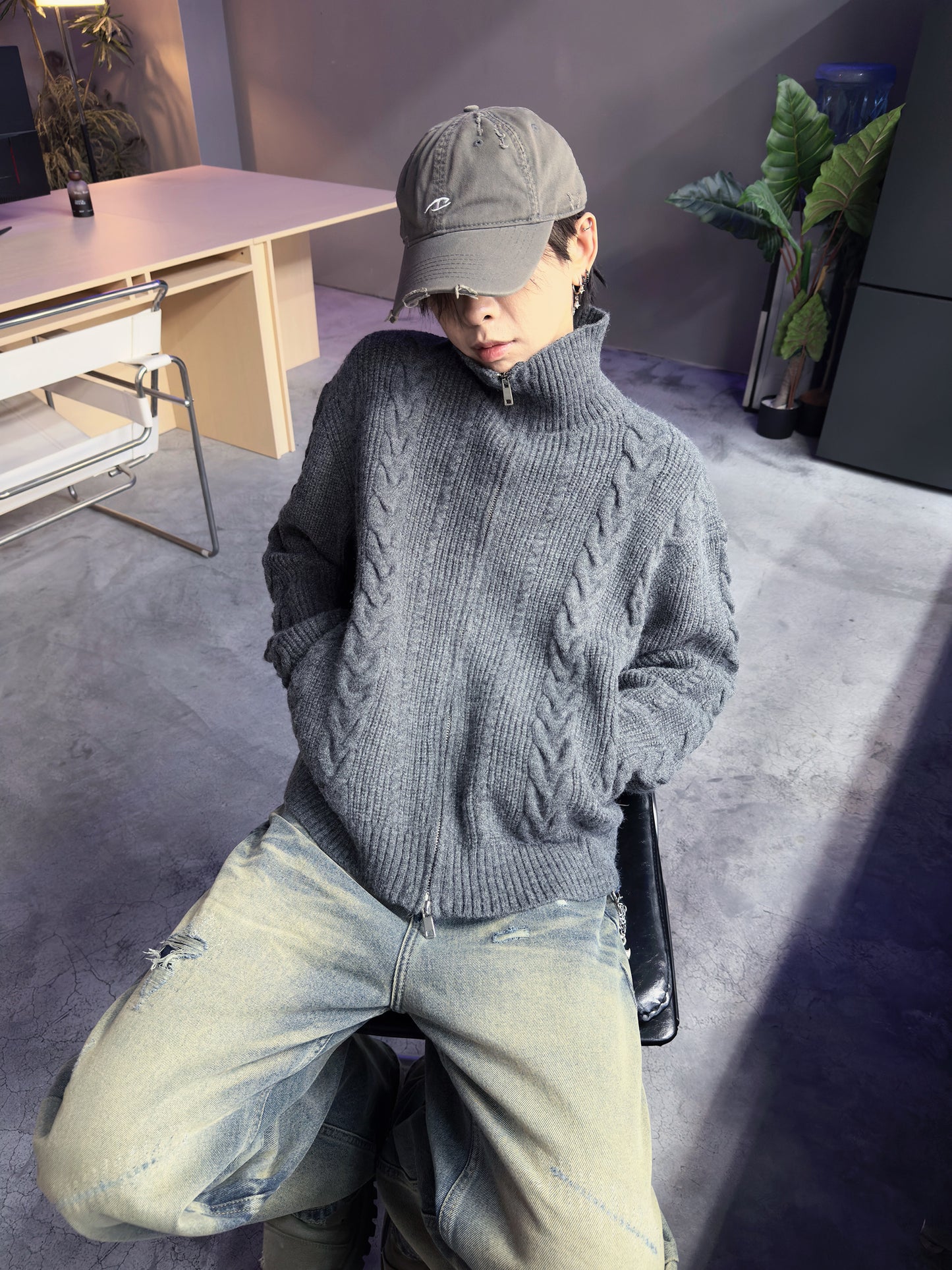 Cable Knit Zipper Cardigan WN22952