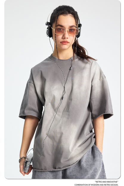 Spray Dye Raw Edge Damage Washed Short Sleeve T-Shirt WN16265