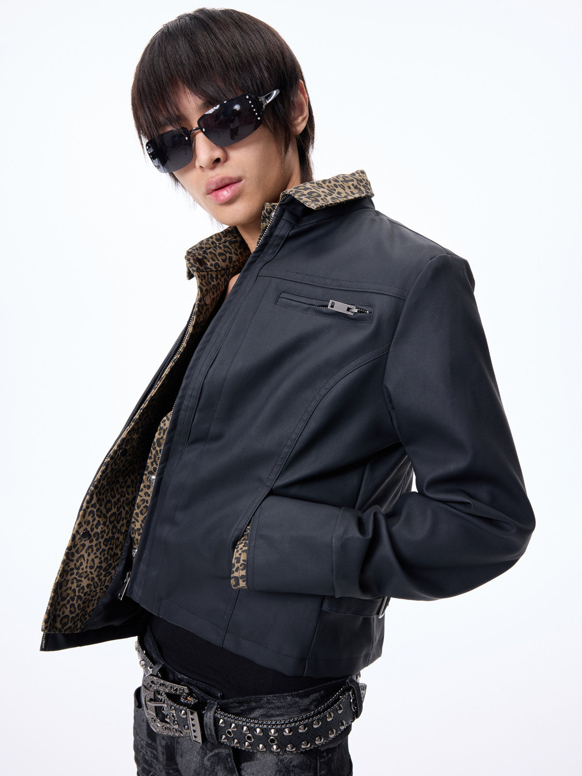 Double Placket Leopard Panel Short PU Leather Jacket WN27299