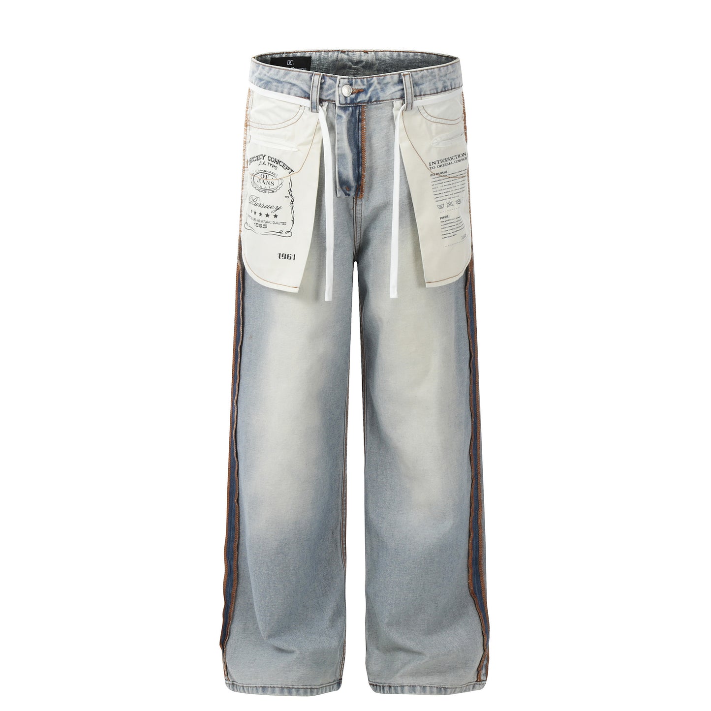 Washed Pocket Side Line Wide Leg Denim Jeans WN25824