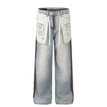 Washed Pocket Side Line Wide Leg Denim Jeans WN25824