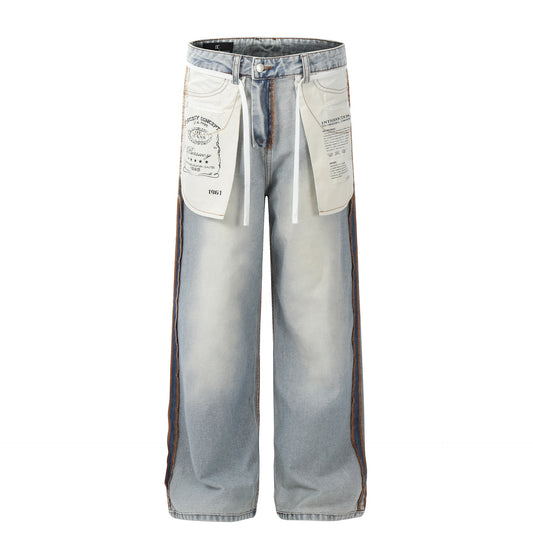 Washed Pocket Side Line Wide Leg Denim Jeans WN25824
