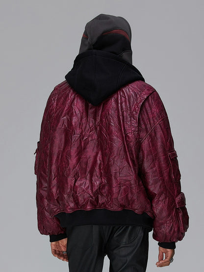 Fake Layered Wrinkle Texture Hooded PU Leather Puffer Jacket WN17882