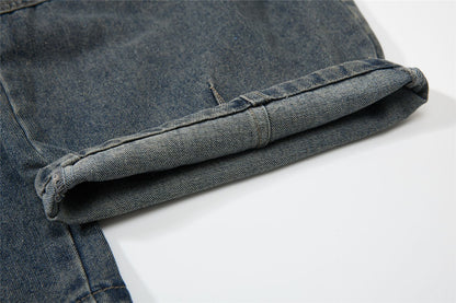 Washed Damage Multi-Pocket Curved Leg Denim Jeans WN26807