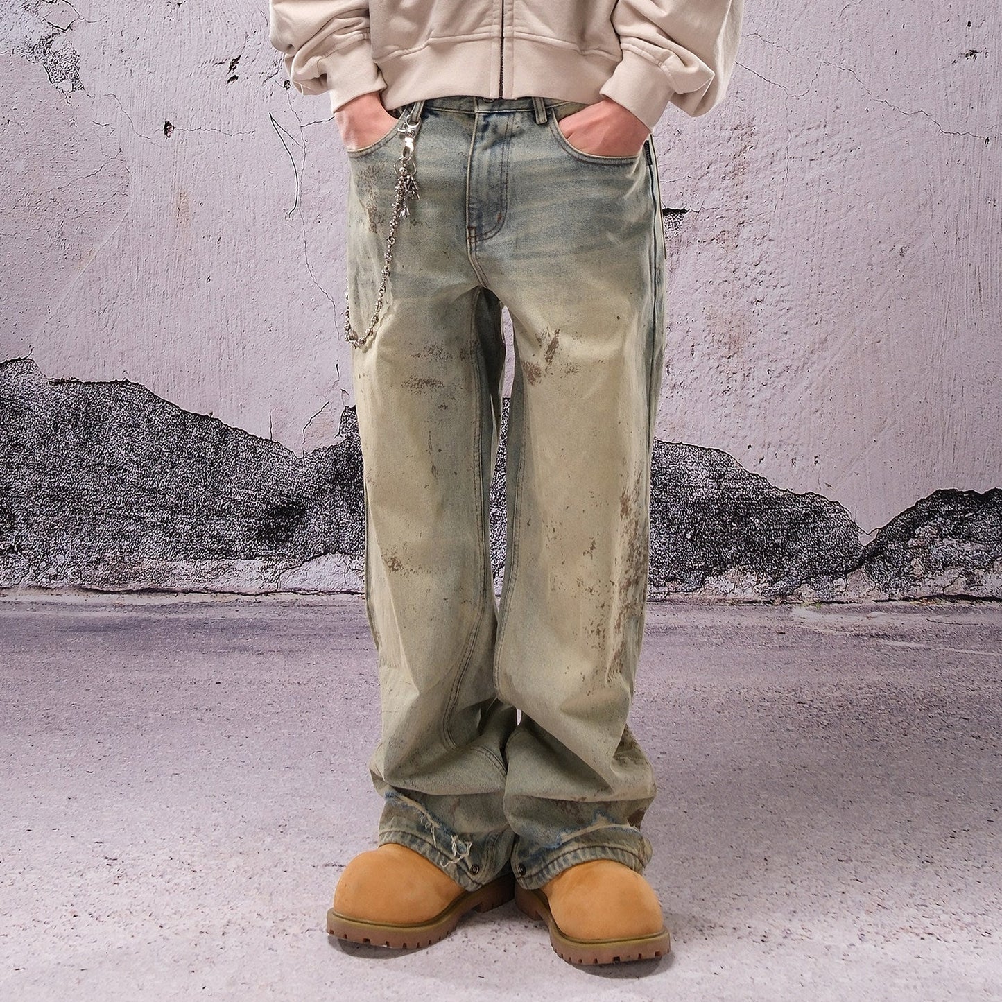 Wide Leg Mud Dye Damage Denim Jeans WN26632